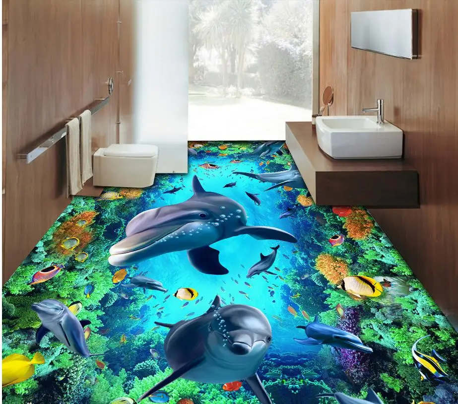 

3d floor painting wallpaper Underwater World 3D Dolphin Flooring 3d bathroom wallpaper waterproof 3d flooring