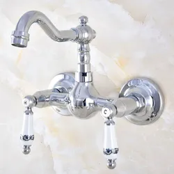 Polished Chrome Brass Wall Mount Kitchen Sink Faucet Swivel Spout Mixer Tap Dual Ceramics Handles Levers anf571