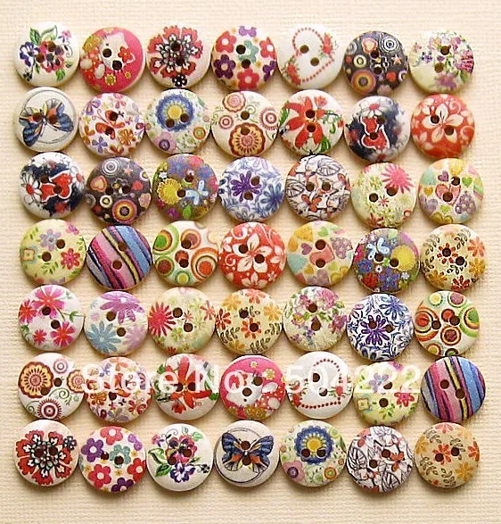 

600 hand Painted Wood wooden Buttons Floral kitsch fancy Assortments 15mm 2 holes beads wholesale free shipping D25