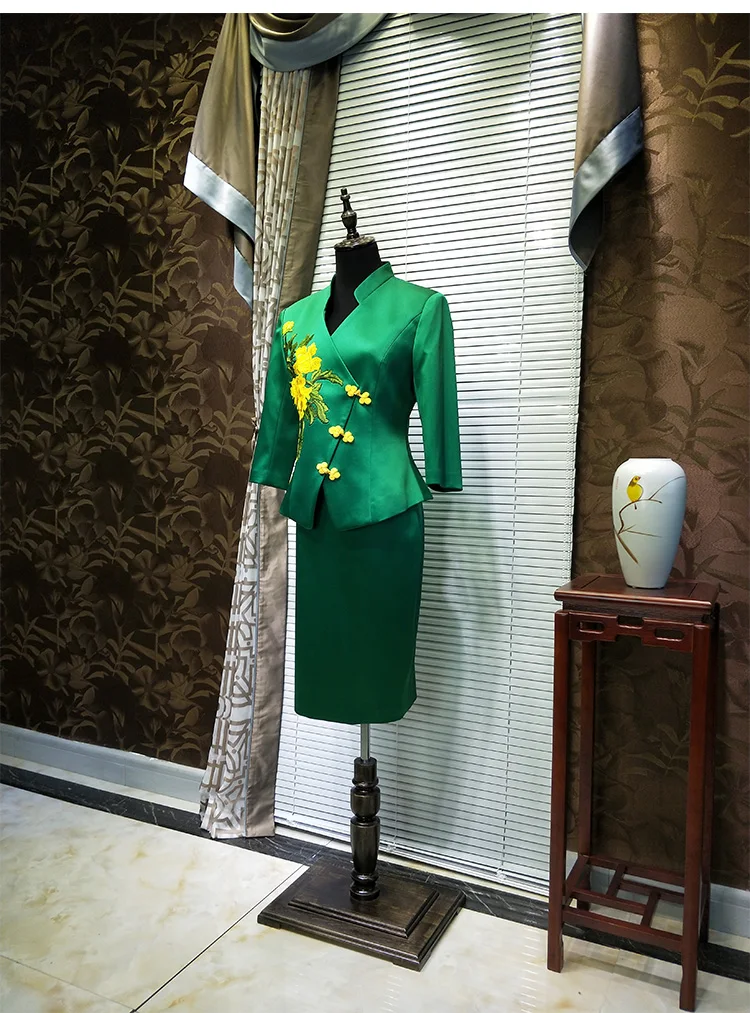 Китайский бизнес униформа для работы женский официальный костюм зеленая вышивка рукав три четверти юбки костюм высокого класса Роскошный Блейзер и костюмы