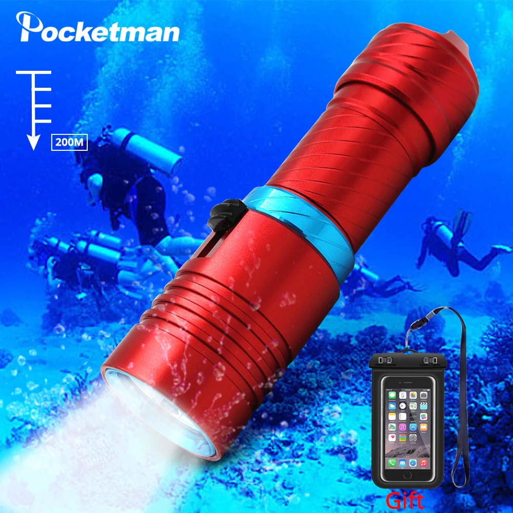 200M Underwater LED Flashlights XM-L2 Diving flashlight 15000LM Scuba flashlight led Powerful diving lamp 18650 or 26650