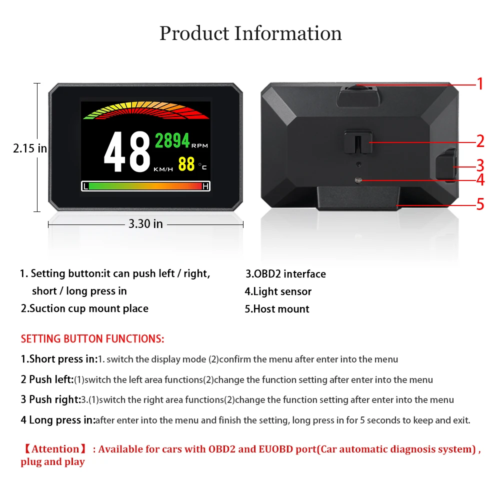 VJOYCAR P16 3,9 ''HD TFT бортовой компьютер автомобилей Hud Head Up Дисплей OBD2 Спидометр турбо-Разгон напорный сигнализации инструмент диагностики