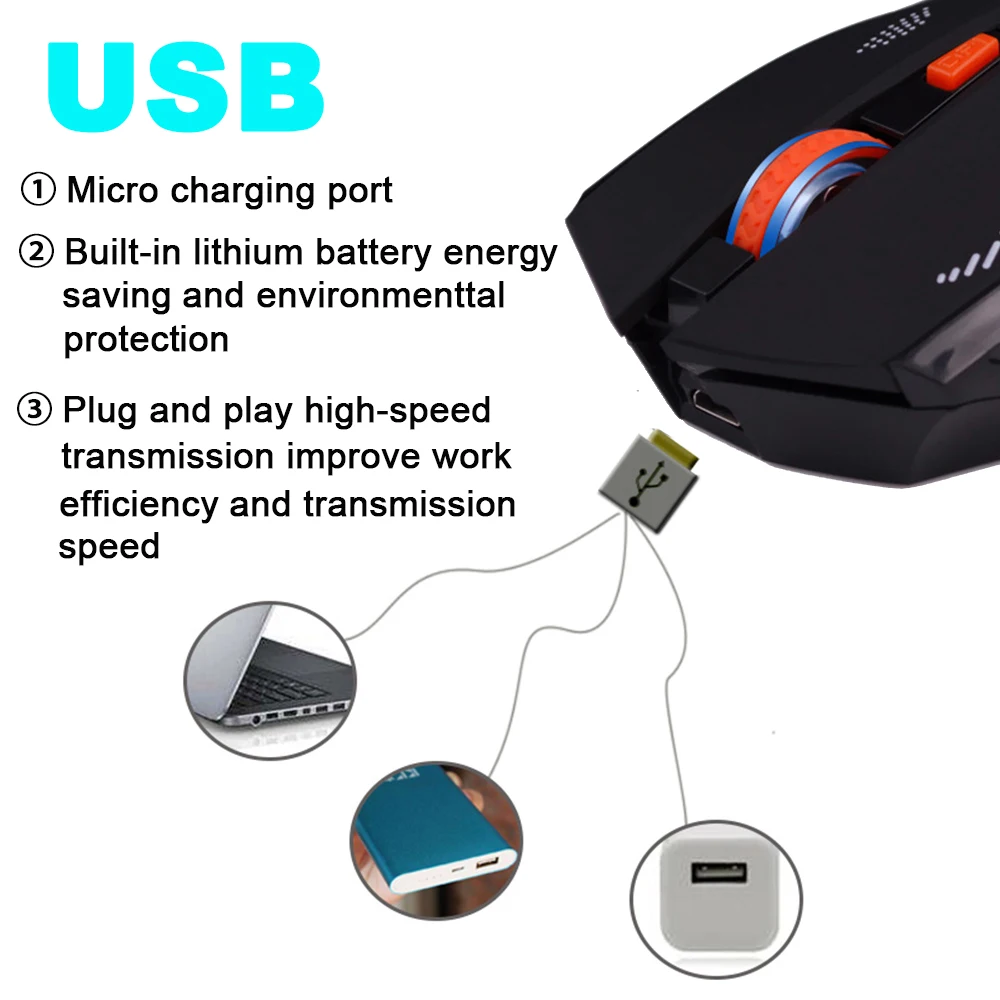 AZZOR Rechargeable Wireless Mouse Slient Button Computer Gaming 1600DPI Built-in Battery with Charging Cable For PC Laptop