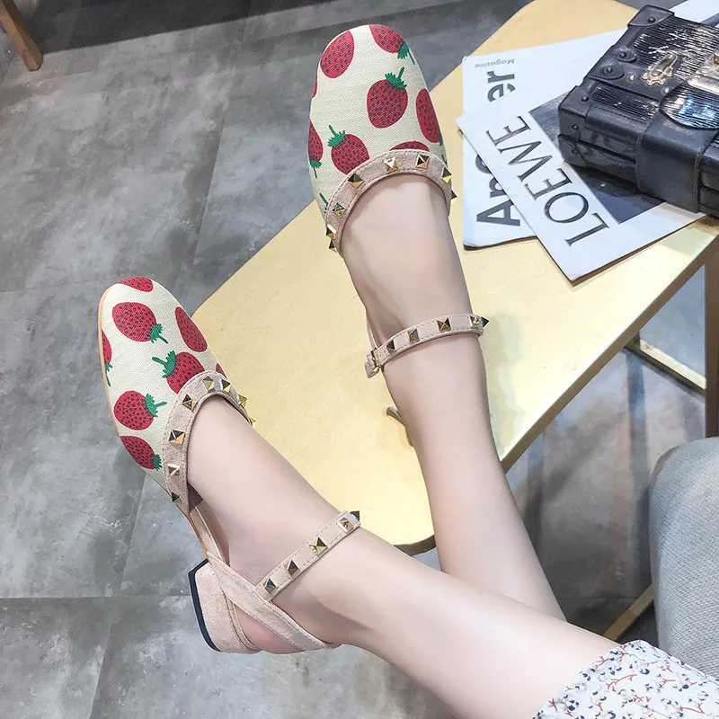 

Cherry Strawberry Pineapple Printed Fruit Sandals Women Cloth Round Toe Rivet Ankle Strap Square Heel Sandals Sweet Sandalias