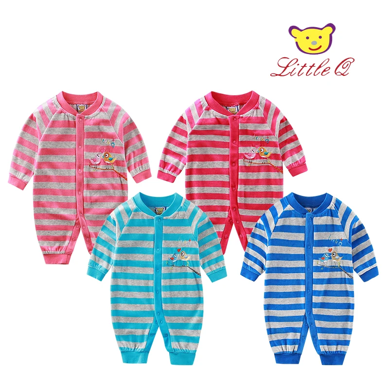 

Полосатые Комбинезоны Little Q с длинным рукавом и круглым вырезом для мальчиков и девочек, комплект из 4 предметов для весны и осени, детская одежда на пуговицах, 2021