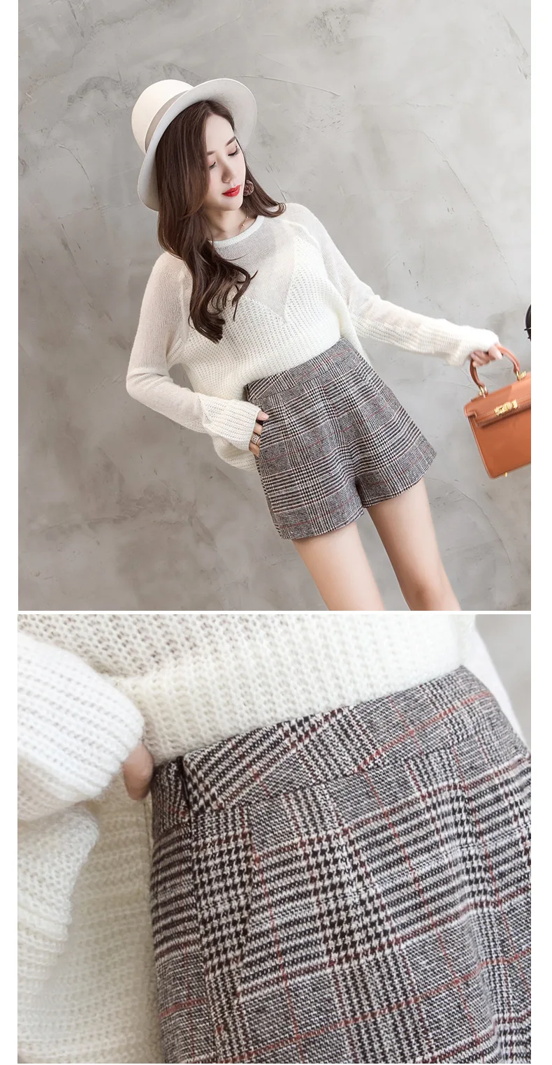 Vintage Plaid Shorts Women High Waist Shorts Fashion Pockets Straight Short Pants Autumn Winter Casual Slim Fit Wool Short