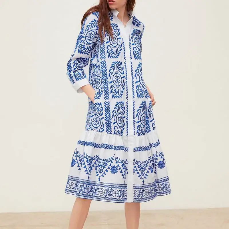 

Long Women Dresses Spring 2019 New Fashion Bohemian Style Floral Pattern Mid-Calf Dress Female Clothing Feminino Vestidos