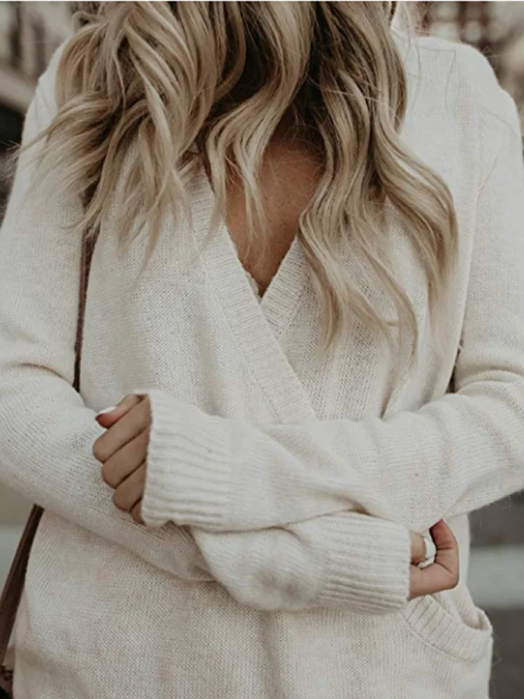 

Joiekuno camisas blusas femininas elegante Autumn Cashmere Pullovers Tops Women bodycon Solid V neck Modis Sweater M66804