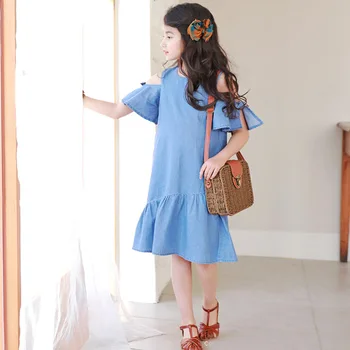 

Girls Dress Summer Off-shoulder Mermaid Denim Dress for Little Girl Teenage Girl Kids Princess Dress 3 4 5 6 8 10 12 14 years