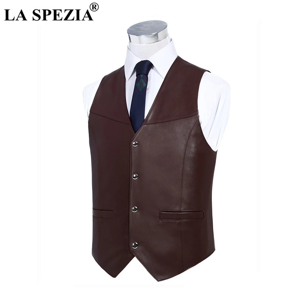 LA SPEZIA Mens Brown Vest Genuine Sheepskin Leather Waistcoat Male Business Luxury Slim Vintage Spring High Quality Gilet 4xl