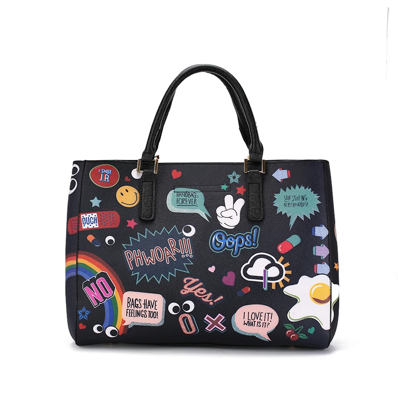 2018 الساخن الكرتون الكتابة على الجدران قميص مطبوع-مقبض حقيبة يد المرأة Crossbody حقيبة كتف سيدة مع المحافظ براثن الفتيات رفرف حقيبة
