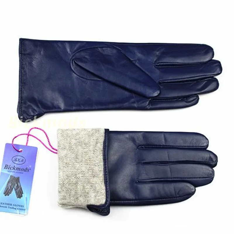 Новые поступления, прямые стильные женские кожаные перчатки, четыре цвета, перчатки из овчины, шерстяная подкладка, весна-осень, перчатки для вождения - Цвет: Navy blue