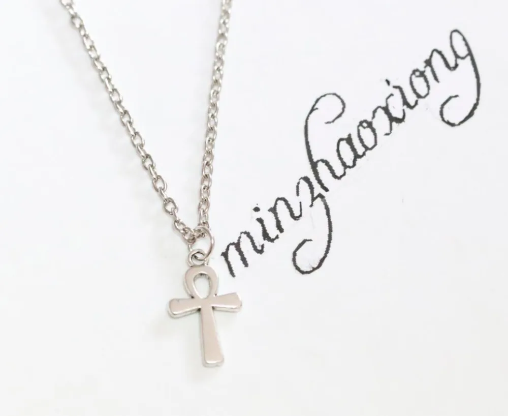

New Vintage Charms Fashion Antique Silver Alloy Ankh Ank Cross Wicca Pagan Pendant Chain Necklace Jewelry Gift (10 pcs)