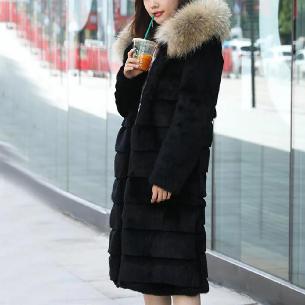 Hooded Women Full Skin Vintage Warm Winter Genuine Natural Rabbit Fur Overcoat with big Hood and Real Raccoon Collar wsr342 | Женская