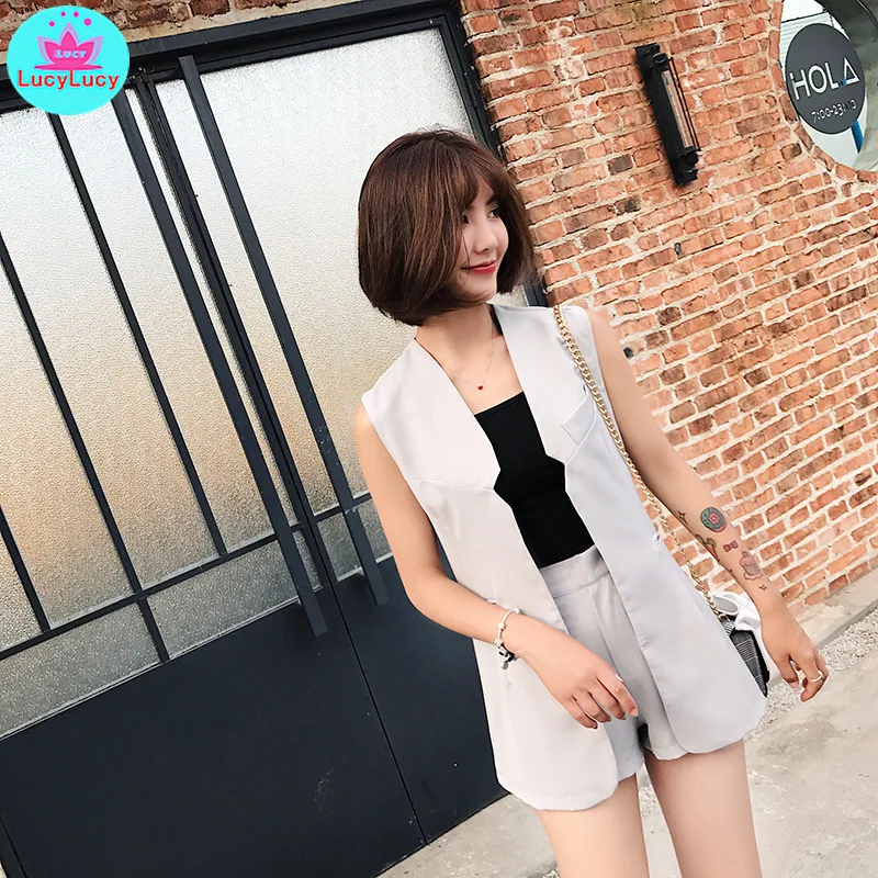 

2019 summer new ladies ladies sleeveless shirt + fashion shorts 2 sets of straps set Solid Casual Sleeveless Polyester