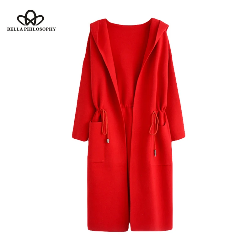 Wonder 2018 new autumn Winter Solid Red Hooded Long Cardigan Causal Loose ladies sweater Pockets Knit ladies Sweater Jumper tops