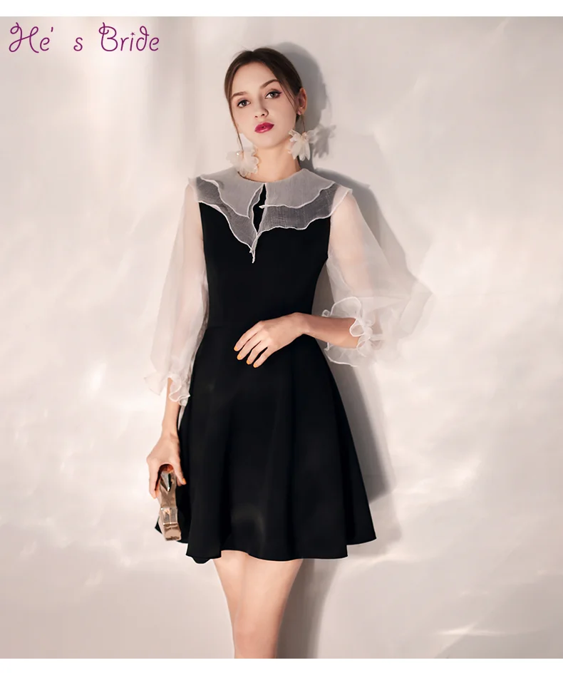 

He's Bride New Simple Black Cocktail Dress Sexy Mini Length Zipper Back Long Sleeves Party Formal Gown Robe De Soiree