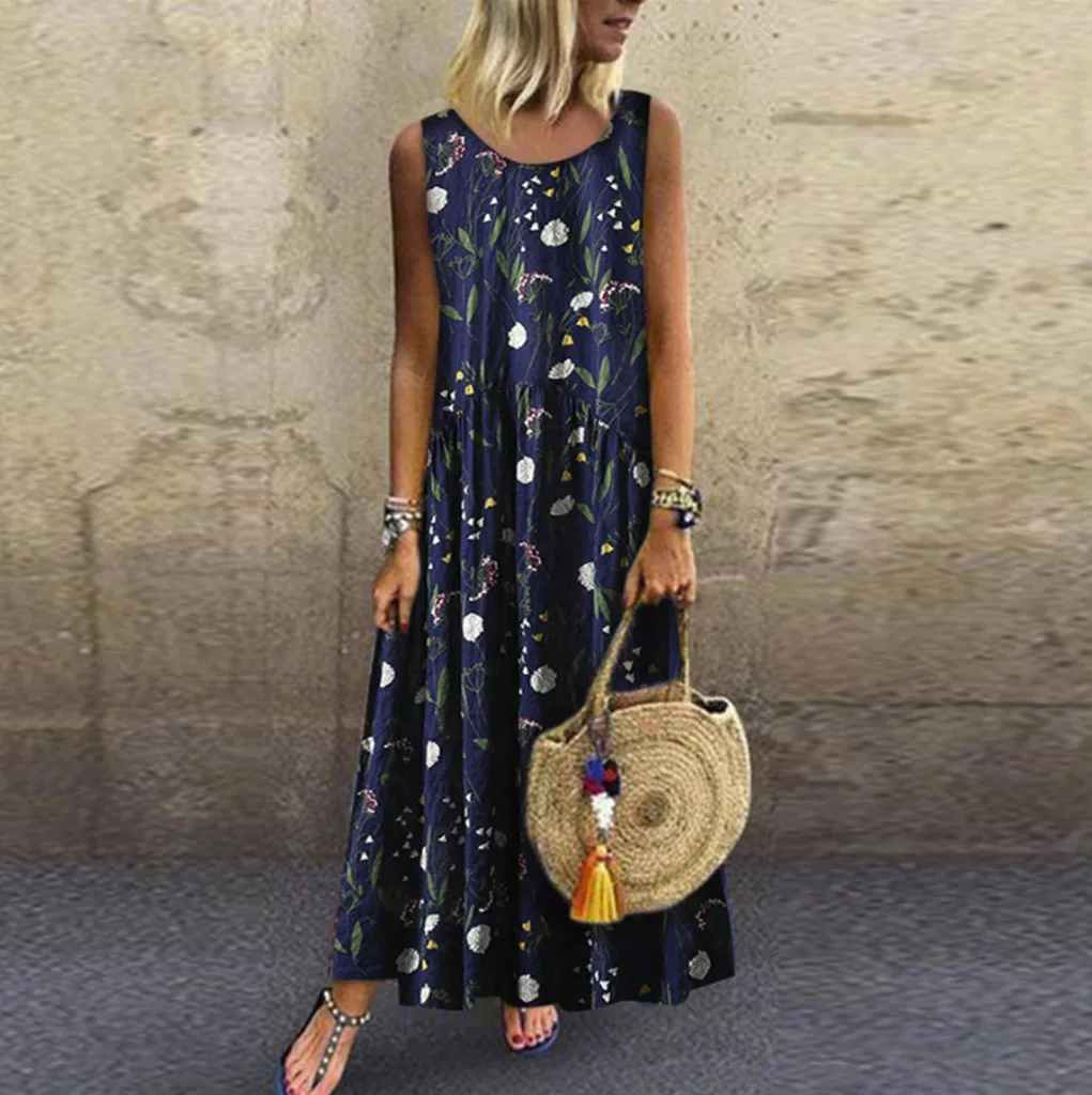 

2019 Women's Dresses Plus Size Bohemian O-Neck Floral Print Dress feminine Summer Vintage Sleeveless Long Maxi Dress vestidos