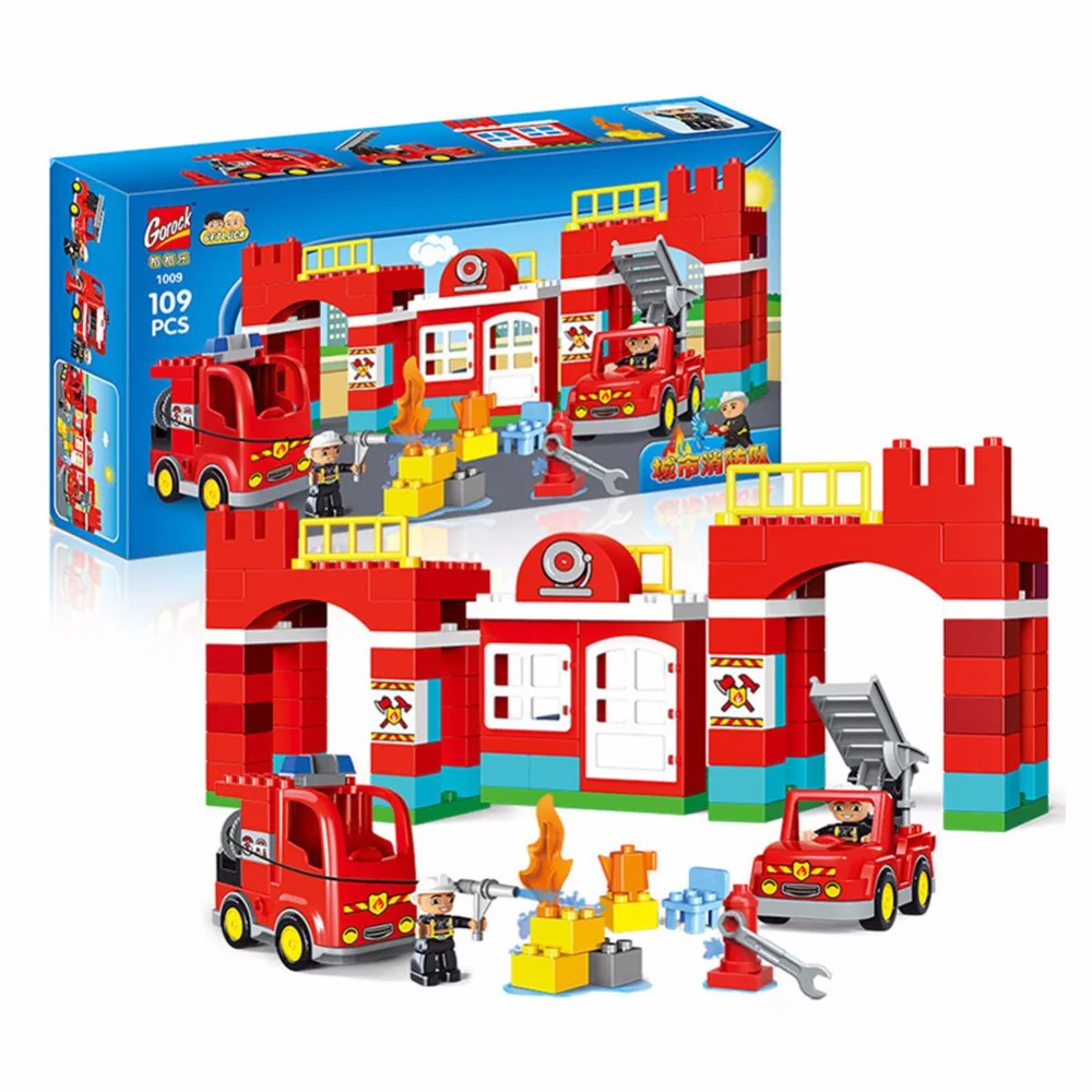 

City Fire Station figure Truck Bricks Playmobil 109PCS Big Size DIY Building Blocks Toy for Children Compatible Legoingly Duplos