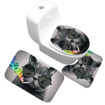 

Hip Hop Cat Bath Mat 3 / Set of Toilet Cover Cover Decorative Absorbent Mat Non-slip Bathroom Door Mat Flannel Soft Floor Mat
