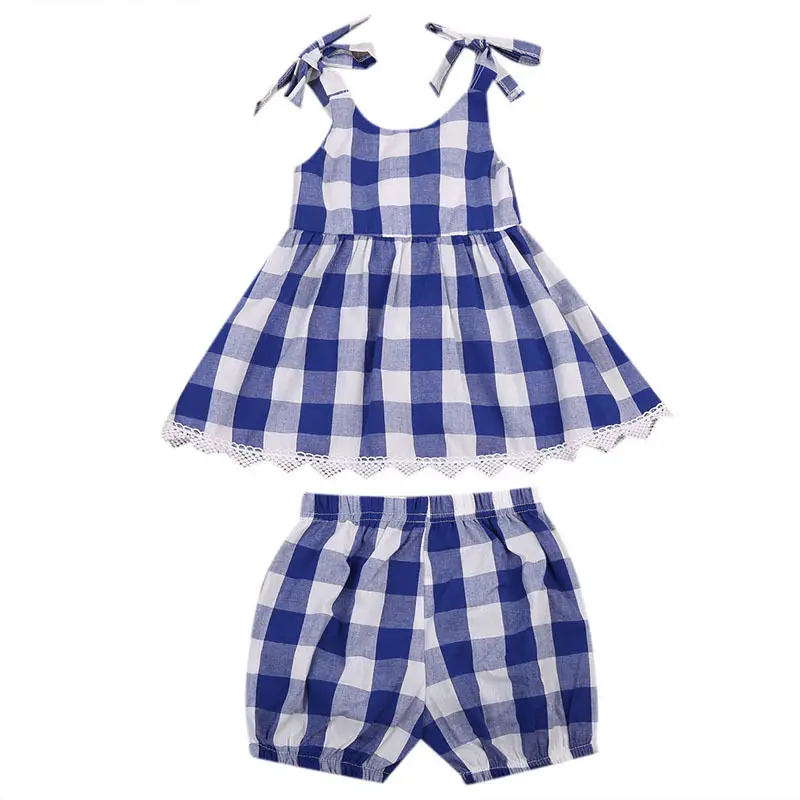 

New Style Baby Girl Clothes Summer Checked Kids Princess Sleeveless Party Dress+Shorts 2pcs Outfits Baby Clothing Set