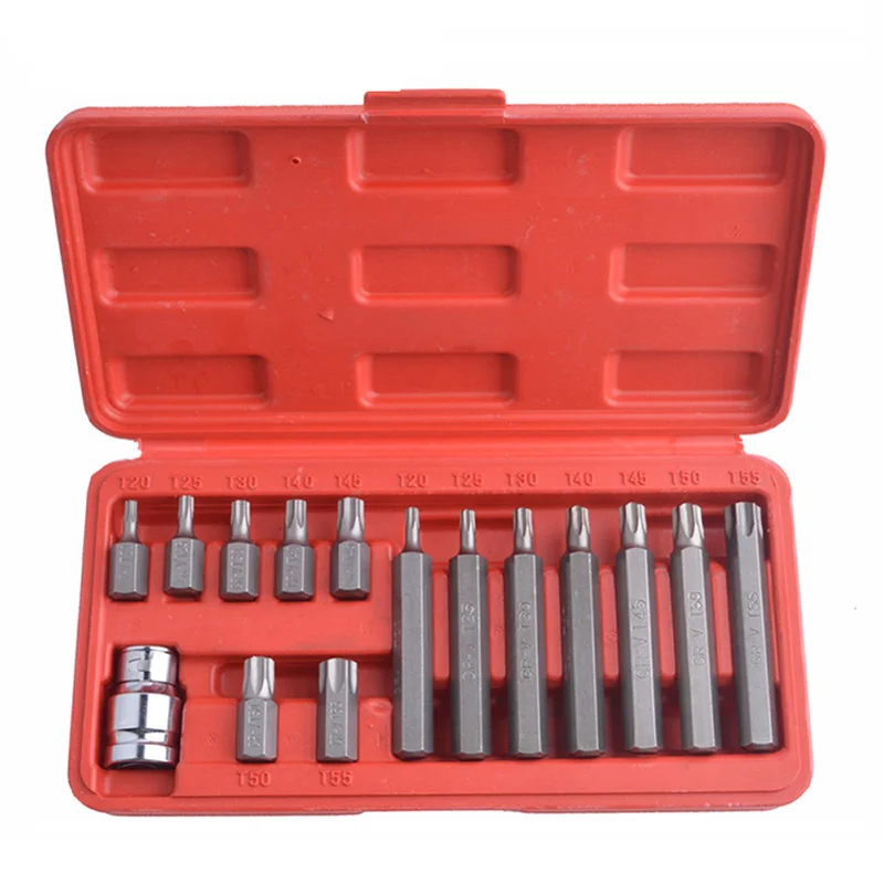 

15 Pieces/Sets Chrome Vanadium Steel Torx Bit Set Star Bits Set Including 14PC Torx bits + 1PC 1/2 inch Drive Socket Adaptor