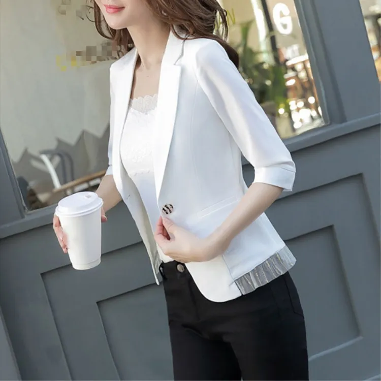 Woman 2018 Spring Summer 3 Quarter Sleeve Linen Suit Office Lady Jacket Patchwork Tassel Ol Blazer