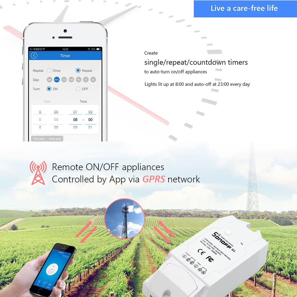 

Sonoff G1 Smart Wireless WiFi Switch GPRS Switch GSM Mobile Phone Remote Controller Outdoor for Greenhouse Pet Feeding Use