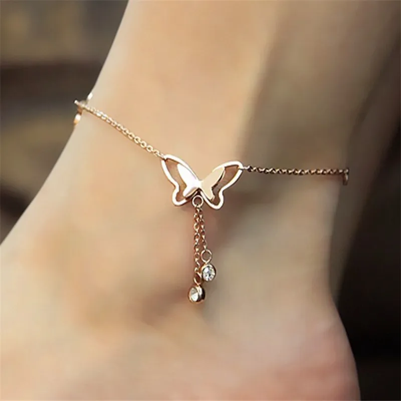 Бабочка подвесные ножные браслеты для Для женщин украшений Серебряный ножной браслет летние женские Йога браслет на ногу розовое золото женский Для женщин Подарки