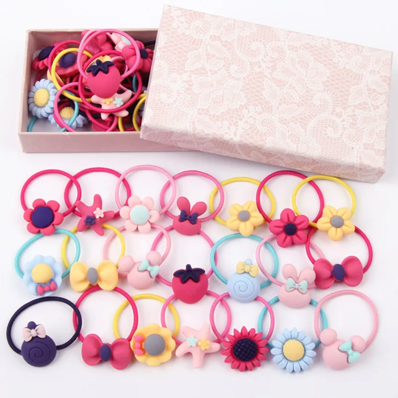 

20Pcs/Lot Cute Children Hair Band Flower Bow Cartoon Headband Girls Ring Scrunchy Kids Ponytail Holder Hair Accessories Box Gift