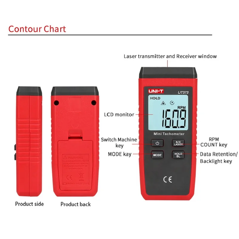 UNI-T Мини цифровой лазерный тахометр UT373 Бесконтактный тахометр диапазон измерения 10-99999 ОБ/мин Тахометр одометр км/ч подсветка