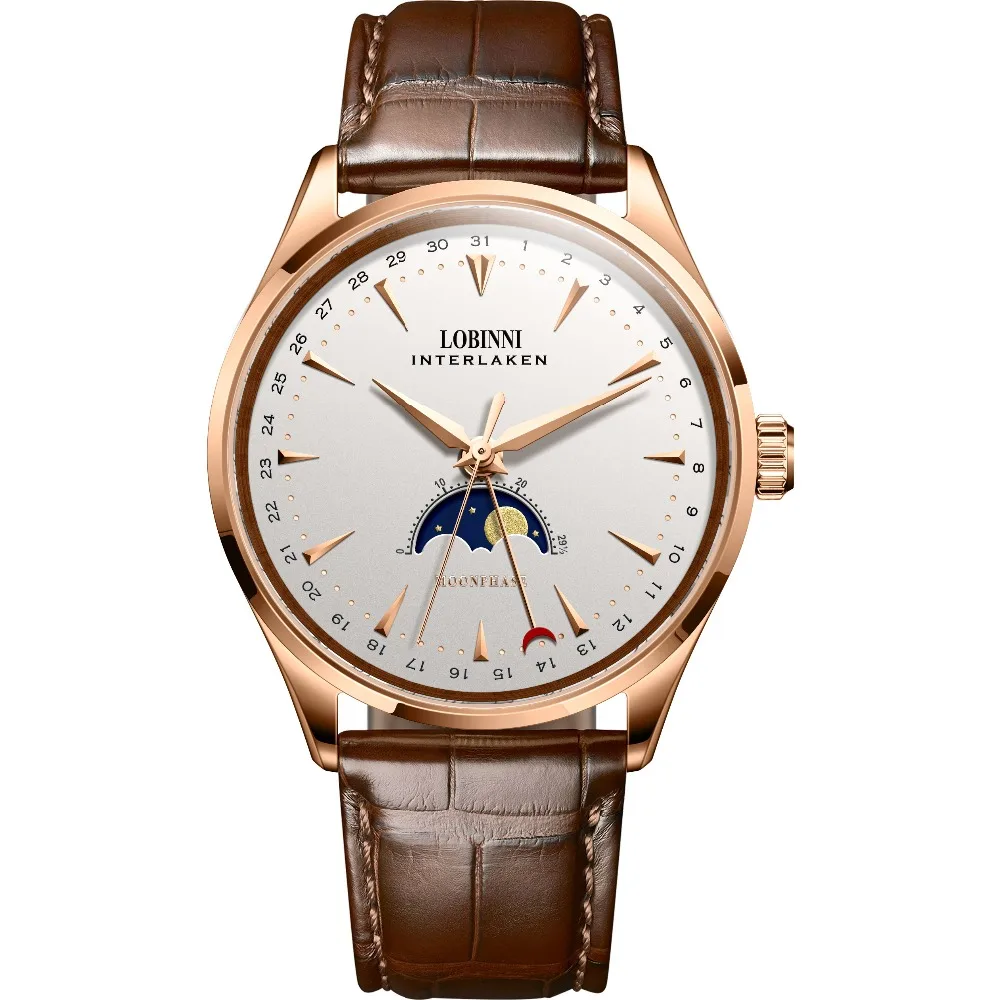 

LOBINNI Mens Dress 50m Waterproof Steel Strap Moon Phase Business Automatic Self-wind Mechanical Wrist Watch - Rosegold
