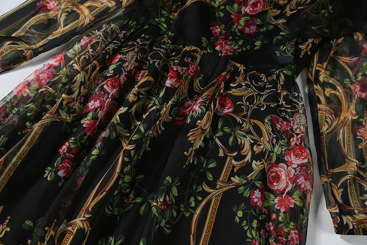 AELESEEN Винтаж Макси длинное платье лето взлетно-посадочной полосы высокое качество Фонари рукавом See-Through Цветочный принт оборками элегантное платье