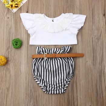 

Pudcoco Summer Toddler Baby Girl Clothes Solid Color Sleeveless Ruffle Cropped Tops Striped Short Pants 2Pcs Outfits Clothes