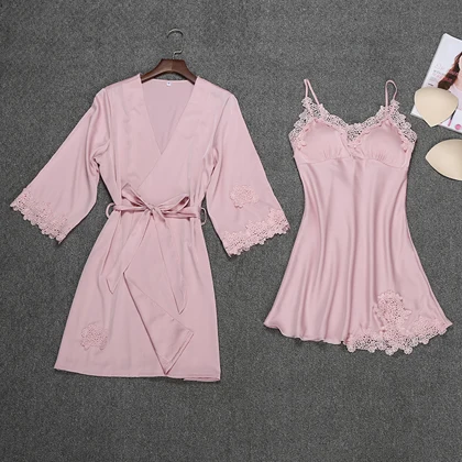 Женский пикантный Шелковый Атласный вечерний комплект с платьем кружевной халат, модный халат+ ночная рубашка, 2 предмета, летняя одежда для сна для женщин - Цвет: Розовый