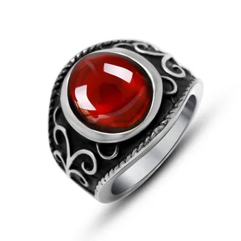 

Royal Magic Red Garnet Ring Vintage Punk Style Ring Men's Titanium Stainless Steel Vintage Ring with Red Cubic Zirconia