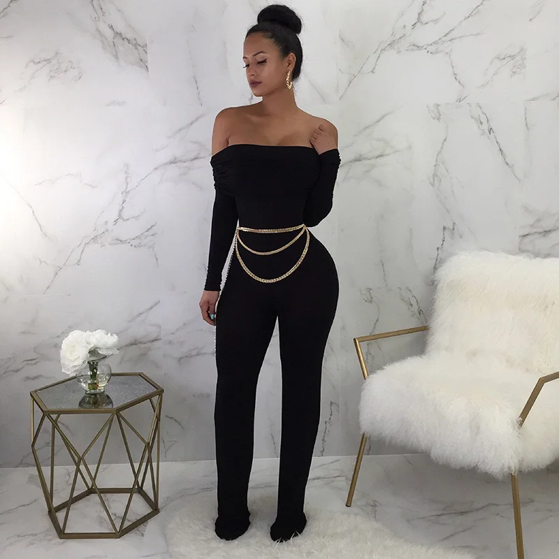 PS002 black off the shoulder long sleeve gold chain straight pantsuit