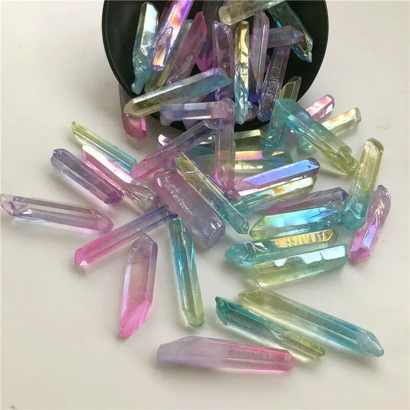 

About 5Pcs 50g Rainbow Flame Aura Quartz Sticks Titanium Crystal Points for Pendant Home DIY Gift Craft Electroplated Crystal