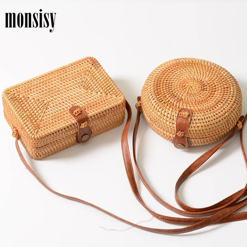 

Monsisy 2019 New Square Round Straw Bag Handbags Women Summer Rattan Bag Handmade Woven Circle Shoulder Bag Bohemia Beach Bag