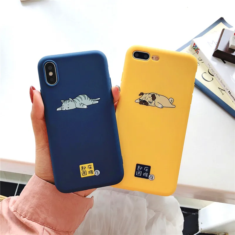 Lazy cat lazy dog Blue and yellow dull polish Phone Case For Iphone XS Max XR X 7 6 6S 8 Plus |
