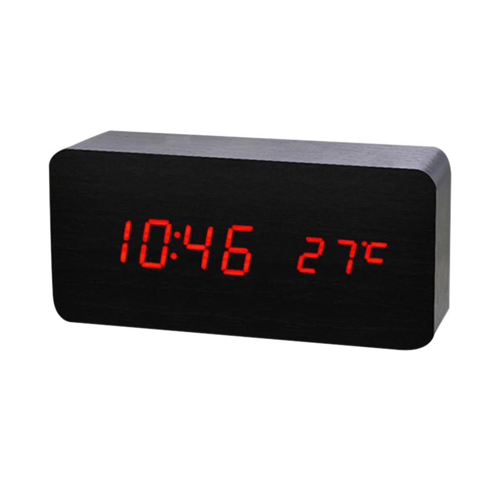 Светодиодный Деревянный Будильник Цифровой температурный электронный контроль звуков для настольного стола дома E2S - Цвет: Красный
