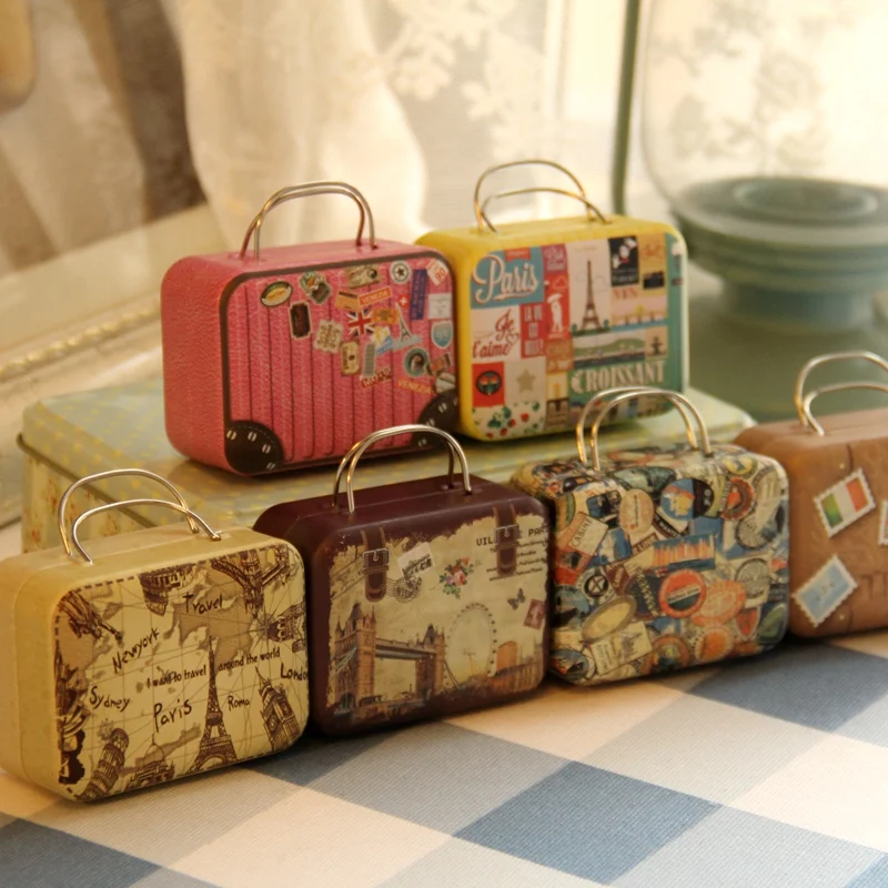 Continental Mini Storage Tin Box Retro Suitcase Handbag Small Rectangular Candy Box Small Iron Container Wedding Favor