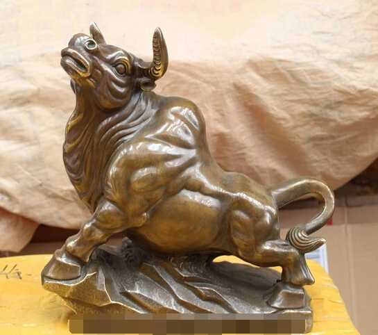 

free 12" Chinese Bronze animal money Fengshui Zodiac Year Bull Oxen sculpture Statue fast