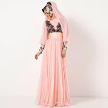 2016 Pink Appliques Long Sleeves Dubai Muslim Kaftan Abayas Arabic Evening Robe Islamic Dresses For Woman Hijab Evening Dresses
