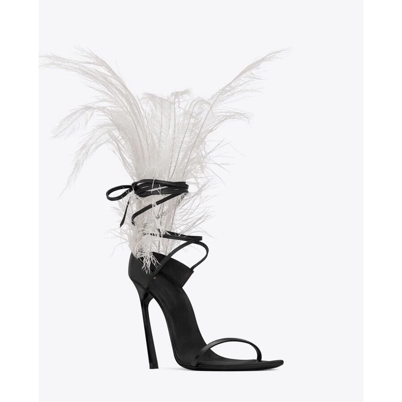 Белые сандалии, украшенные перьями для женщин из страусового волоса Декор тонкий Обувь на высоком каблуке Танцы обувь дамы с накладкой поверх каблука; сандалии с меховой отделкой для подиумного показа обувь для вечеринок женская обувь
