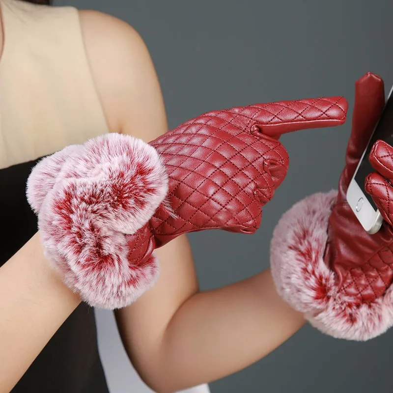 Бренд, утолщенные перчатки, зимние женские теплые рукавицы из искусственной кожи с кроличьим мехом для женщин