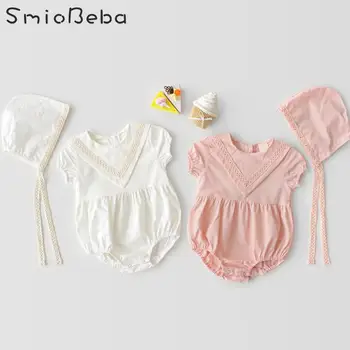 

Kids Girls Summer Rompers Short Sleeve with Hats Two Pieces Sets Cotton Kids Newborn Jumpsuit Clothes Girls Flower Romper Outfit