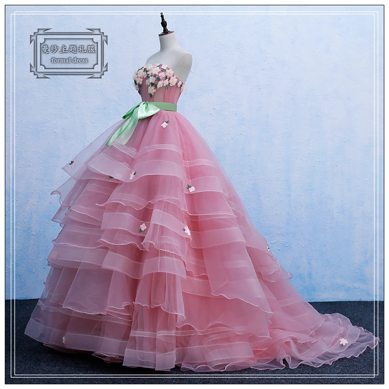 

Hot 100%real Pink Full Cake Ruffled Vintage Ball Gown Fairy Cosplay Medieval Dress Renaissance Gown Queen Cosplay Victoria Dress