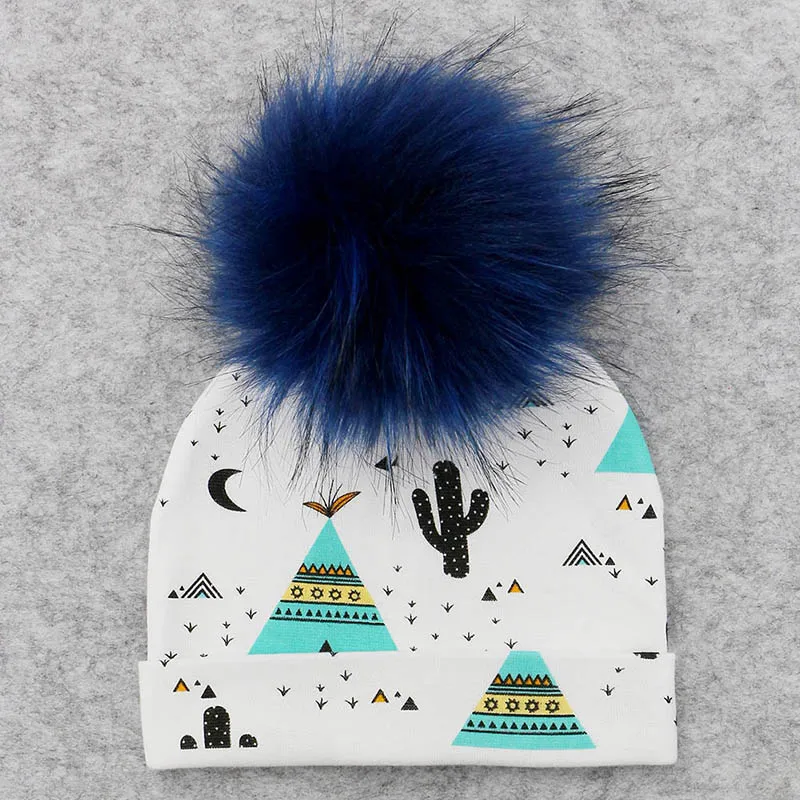 Зимняя шапка с помпоном для новорожденных, дышащая цветная шапка с принтом, хлопок, вязаная одежда для новорожденных, реквизит для фотосъемки, детская шапка с рисунком