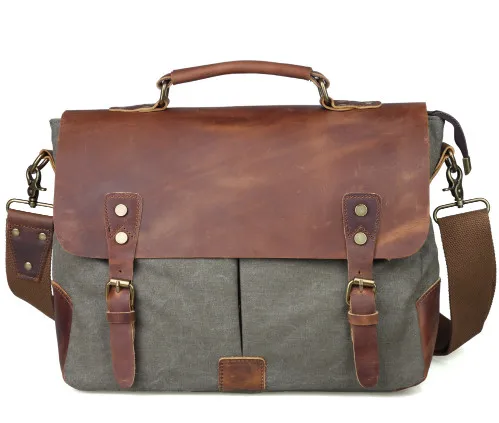 Винтажный повседневный мужской портативный портфель, Холщовая Сумка почтальона, сумка-мессенджер с crazy horse, кожа, 14 дюймов, сумка через плечо для ноутбука